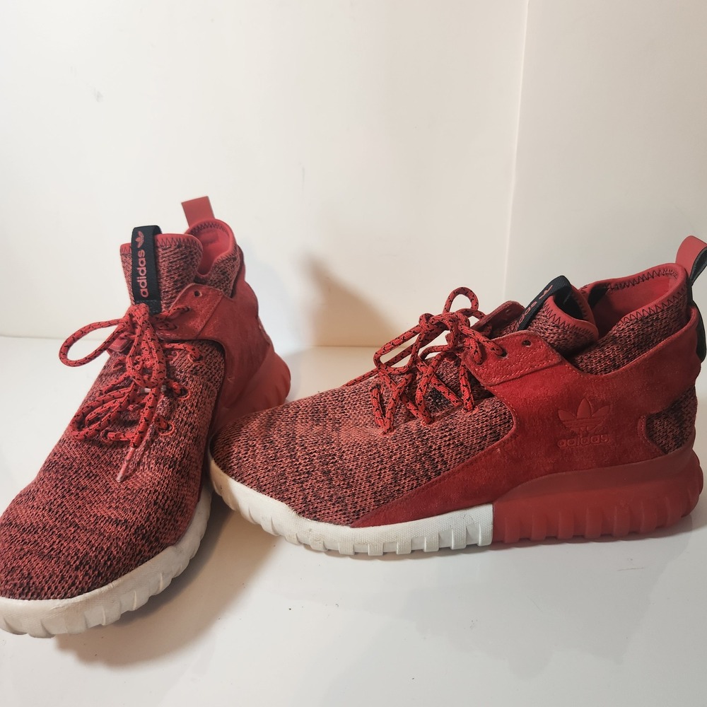 Adidas Tubular X Primeknit Red Black Suede High Top Sneakers Mens